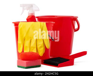 Red bucket with cleaning supplies isolated on white background Stock Photo