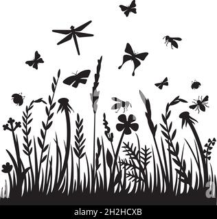 Grass silhouette and flying insects vector illustration Stock Vector