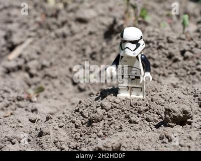 Chernihiv, Ukraine, July 13, 2021. A macro image of an imperial stormtrooper figurine from Star Wars. Illustrative editorial. Stock Photo