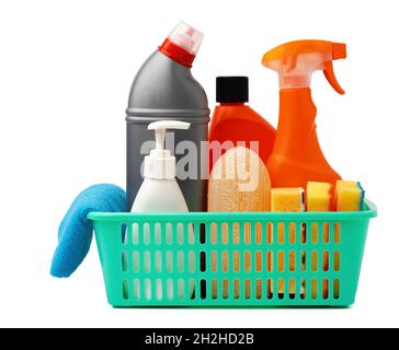 Cleaning items in basket isolated on white background Stock Photo