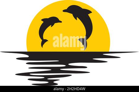 Dolphin sunset color vector illustration Stock Vector