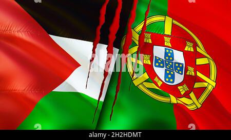 Palestine and Portugal flags with scar concept. Waving flag,3D rendering. Palestine and Portugal conflict concept. Palestine Portugal relations concep Stock Photo