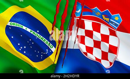 Brazil and Croatia flags with scar concept. Waving flag 3D rendering. Brazil and Croatia conflict concept. Brazil Croatia relations concept. flag of B Stock Photo