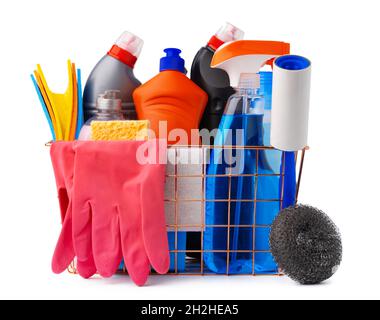 Cleaning items in basket isolated on white background Stock Photo