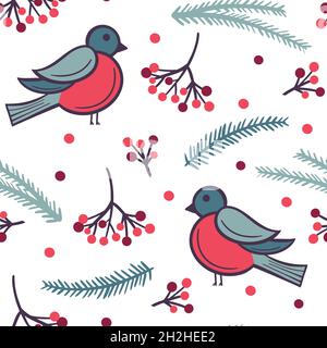 Bullfinches with rowan berries and fir branches seamless pattern. Winter background with birds and botanical elements. Template for wallpaper, packagi Stock Vector