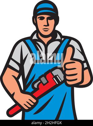 Plumber holding a wrench and showing thumbs up vector illustration Stock Vector