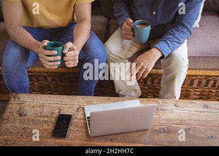 Biracial adult son and senior father holding cups of coffee and using laptop in living room Stock Photo