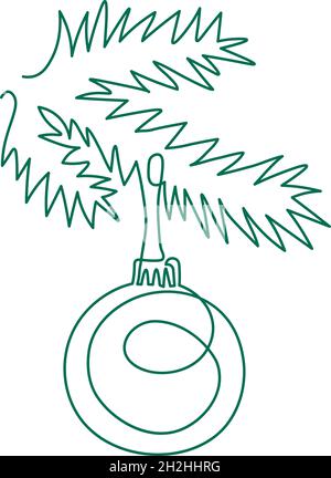 Christmas tree branch of pine, fir, spruce, with ball drawing in outline style Stock Vector