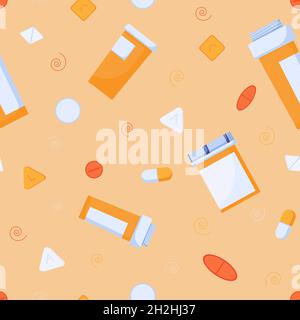 Seamless pattern of pills and orange containers. Pills and drugs, capsules prescribed by a doctor in a flat style. Stock Vector