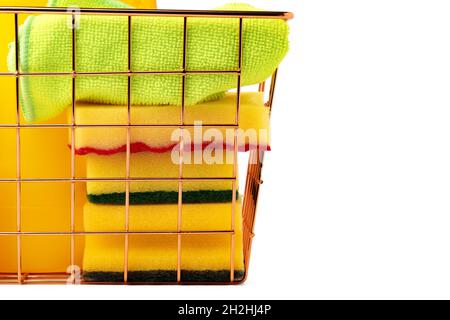 Cleaning items in basket isolated on white background Stock Photo