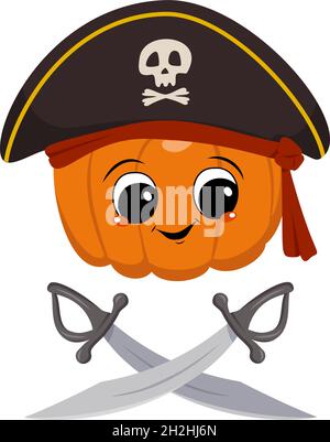 Cute pumpkin character with happy emotions, face, big eyes and wide smile in captain cocked hat and crossed sabers. Halloween party decoration. Mischievous Vegetable Hero Stock Vector