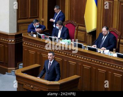 KYIV, UKRAINE - OCTOBER 22, 2021 - Minister of Health of Ukraine Viktor Liashko (front) reports on the response to the coronavirus disease during an ' Stock Photo