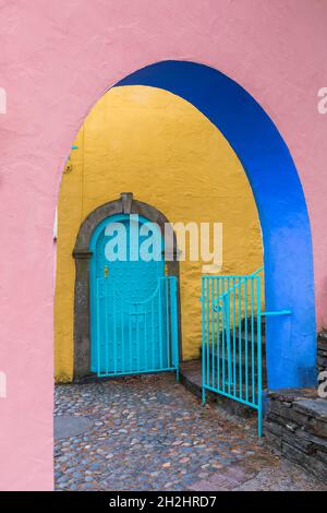 Portmeirion village, Gwynedd, North Wales colourful door and doorway - tourist village designed & built by Sir Clough Williams-Ellis between 1925-1975 Stock Photo