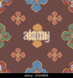 Medieval rose vector pattern seamless background. Azulejo tile style brown, orange, green, blue backdrop of hand drawn stylized flower motifs Stock Vector