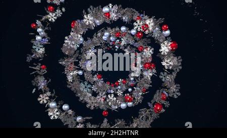 Amazing abstraction of the beautiful snowflakes decorated by multicolored shiny balls and rotating on the spiral on the dark background. Wonderful Chr Stock Photo