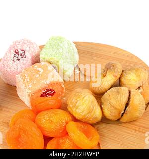 Dried apricots and figs, Turkish delight isolated on white background. free space for text. Stock Photo