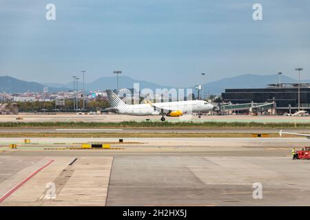 Airplane taking off in airport Stock Photo