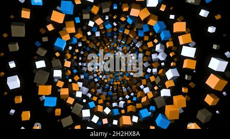 Tunnel of 3D colored squares on black background. Animation. Beautiful hypnotic tunnel of colorful cubes. Distance from spiral of many bright cubes. Stock Photo