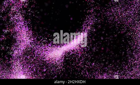 Dust moves around ball. Animation. Colorful dust is blown up in form of balls. Magnetized dust moves in streams on black background. Stock Photo