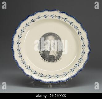 Plate, c. 1790. Stylised floral decoration with portrait of Major General Henry Knox. Made in Leeds, England, for the American market. Stock Photo