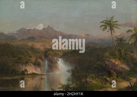 View of Cotopaxi, 1857. Ecuadorian landscape with palm trees, a boat by a waterfall, and the Cotopaxi volcano in the distance. Stock Photo