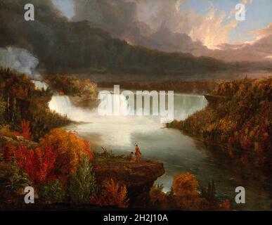 Distant View of Niagara Falls, 1830. Painting of a vast autumn scene with two very small figures in Indigenous clothing standing on a cliff overlooking a massive waterfall in the distance. Stock Photo