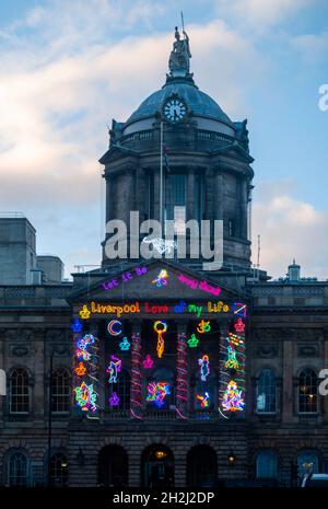 Liverpool Town Hall at night with River of Light street art Stock Photo