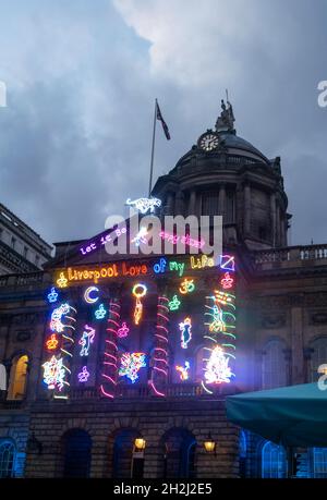 Liverpool Town Hall at night with River of Light street art Stock Photo