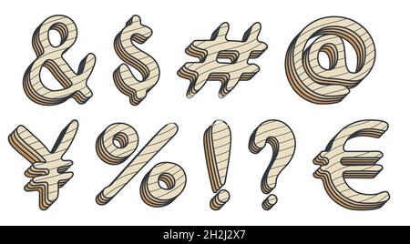 Additional keyboard symbols in cartoon style. And ampersand, dollar, hash symbol, number, yen, euro, percentage, exclamation and question mark. Isolat Stock Vector