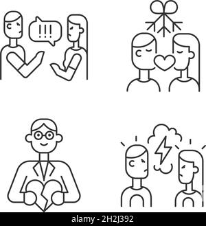 Fighting in relationship linear icons set Stock Vector