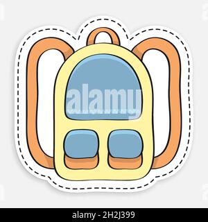 cartoon icon of doodle school backpack sticker in dotted stroke. September 1, beginning of school year. Student Accessories. Vector isolated on white Stock Vector