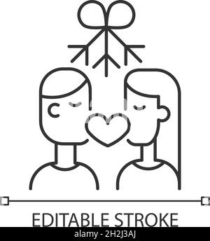 Couple kissing under mistletoe linear icon Stock Vector