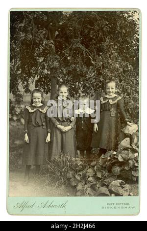 Original charming Victorian Cabinet card informal portrait of four siblings outside in a garden, the young boy wears a velvet suit with knickerbockers (short trousers) in the style of Little Lord Fauntleroy - velvet jacket with lace collar. Photo by Alfred Ashworth, Cliff Cottage,  Birkenshaw, Kirklees, Yorkshire, U.K. circa 1901 Stock Photo