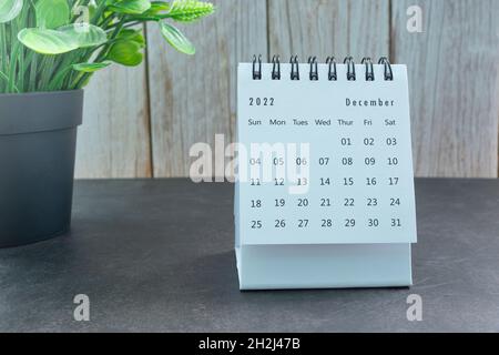White December 2022 calendar with potted plant. 2022 New Year Concept Stock Photo