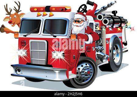 Cartoon retro Christmas firetruck, Santa and reindeer. Available eps-10 vector format separated by groups and layers for easy edit Stock Vector