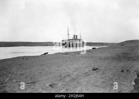 Unidentified passenger ship passing through the Suez Canal circa 1934 Stock Photo