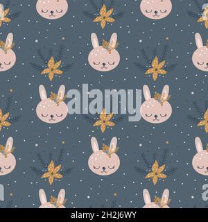 Christmas pattern with animals scandinavian hand drawn seamless pattern. New Year, Christmas, holidays texture for print, paper, design, fabric, backg Stock Vector