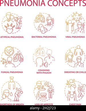 Pneumonia red gradient concept icons set Stock Vector