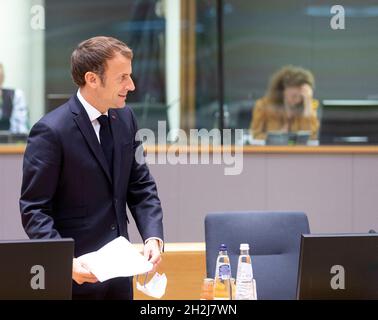 Brussels, Belgium. October 22, 2021, The French President Emmanuel Macron, EU Summit in the Europa building, the EU Council headquarter on October 22, in Brussels, Belgium. - Photo by Monasse T/ANDBZ/ABACAPRESS.COM Stock Photo