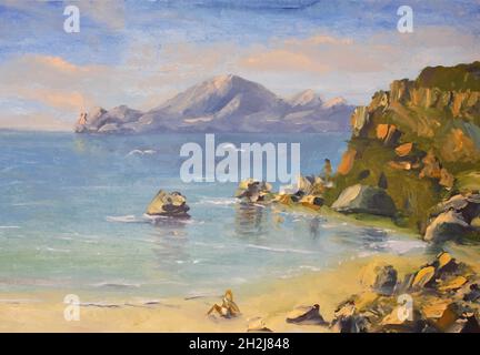 realistic oil painting, summer landscape of the sea, mountains and beach. Vector illustration Stock Vector