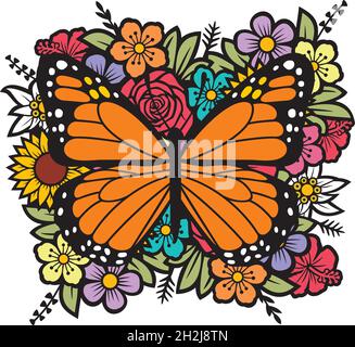 Butterfly and flowers color vector illustration Stock Vector