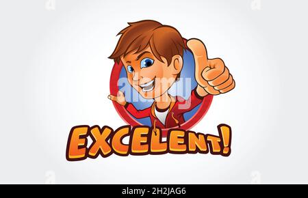 Excelent! Mascot Cartoon boy thumb up character. Vector logo illustration of boy giving you thumbs up. This is illustrative logo template. Stock Vector