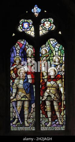 A stained glass window by Percy Bacon depicting Valour and Victory, St Peter's Church, Dunchurch, Warwickshire Stock Photo