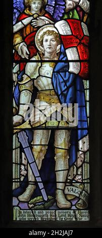 A stained glass window by Percy Bacon depicting Valour, St Peter's Church, Dunchurch, Warwickshire Stock Photo