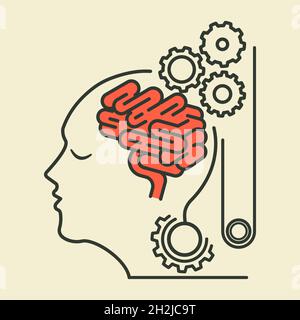 Human head with closed eyes and brain connected with mechanical gears. Brain science, neuroscience concept. Outline flat style illustration. Isolated. Stock Vector