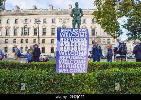 London, UK. 20th October 2021. Demonstrators gathered in Parliament Square in support of refugees and in opposition to the Nationality and Borders Bill. Stock Photo