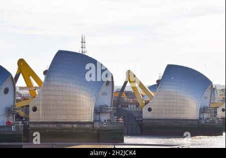 London, UK. 22nd Oct, 2021. General view of the Thames Barrier, which has been closed for the 200th time to protect London as a flood warning is issued. (Photo by Vuk Valcic/SOPA Images/Sipa USA) Credit: Sipa USA/Alamy Live News Stock Photo