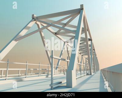 Modern truss bridge model under evening sky, perspective view, 3d rendering illustration Stock Photo