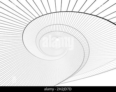 Outline wire frame spiral interior model over white background, 3d rendering illustration Stock Photo