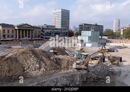 The changing urban landscape during the ongoing clearance of the site of the former Elephant & Castle shopping centre which is being demolished and redeveloped in south London, on 19th October 2021, in London, England. The much-criticised architecture of the Elephant & Castle Shopping Centre was opened in 1965, built on the bomb damaged site of the former Elephant & Castle Estate, originally constructed in 1898. The centre was home to restaurants, clothing retailers, fast food businesses and clubs where south Londoners socialised and met lifelong partners Stock Photo
